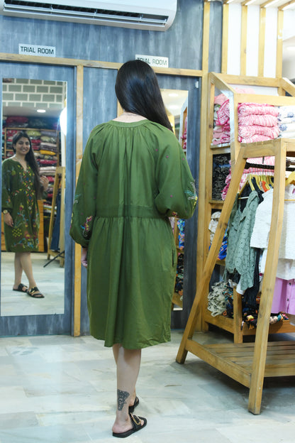 Short linen unique dress green