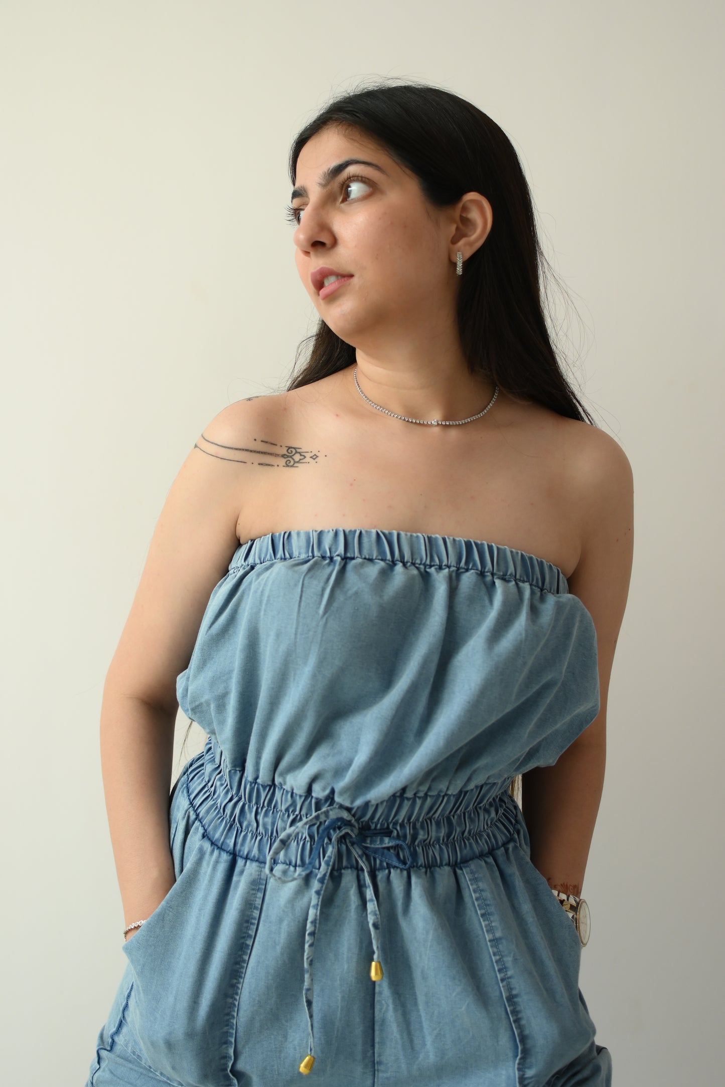 Off shoulder denim jumpsuit