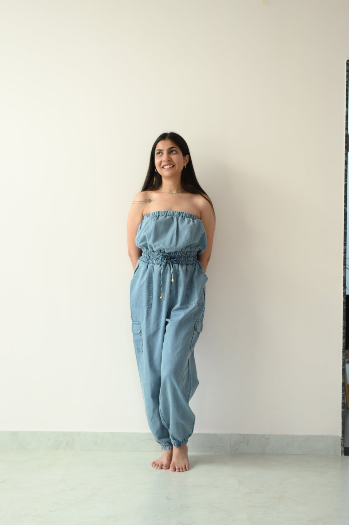 Off shoulder denim jumpsuit