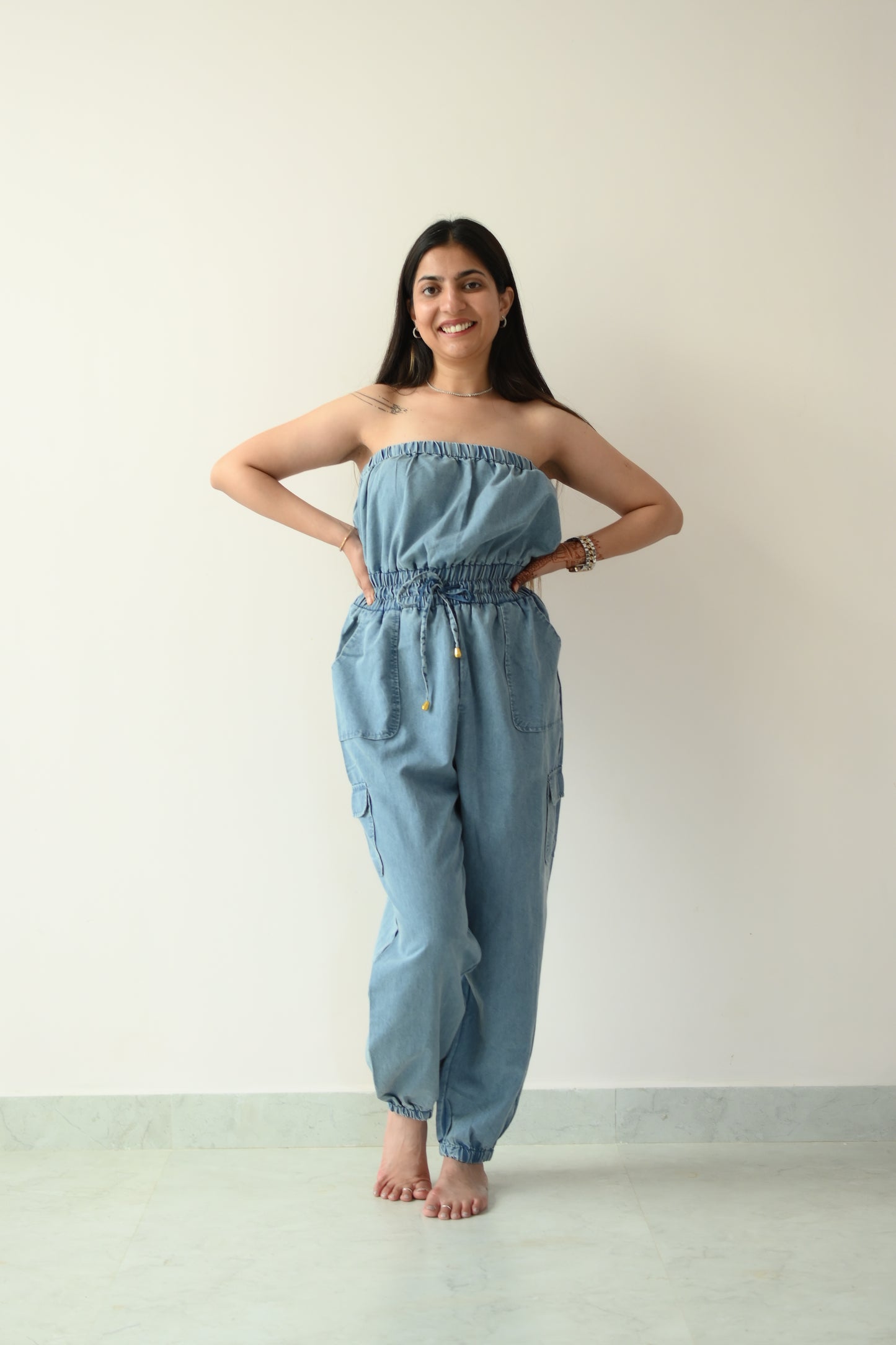 Off shoulder denim jumpsuit