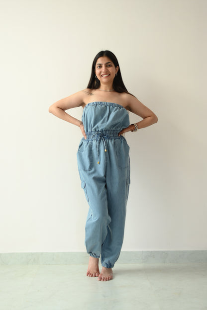 Off shoulder denim jumpsuit