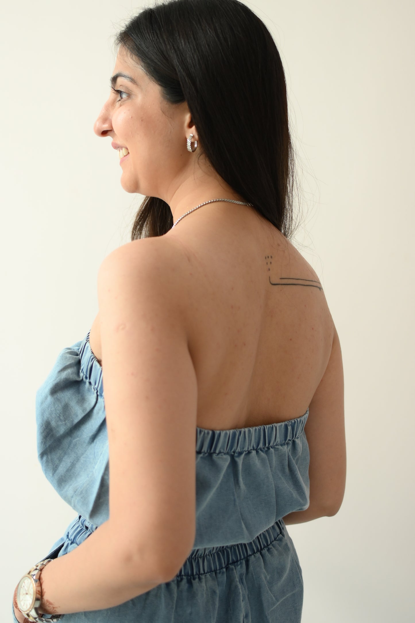 Off shoulder denim jumpsuit