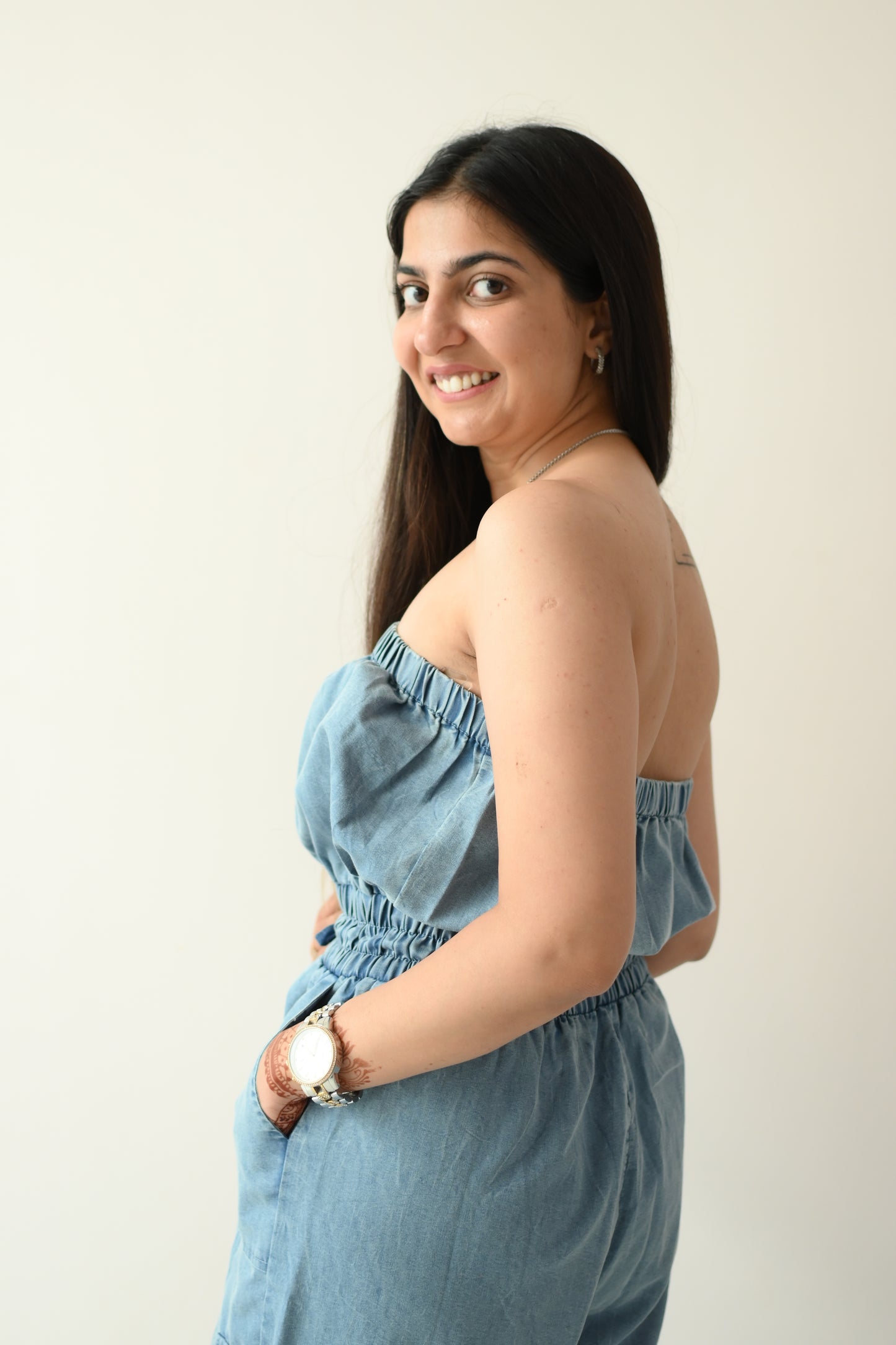 Off shoulder denim jumpsuit