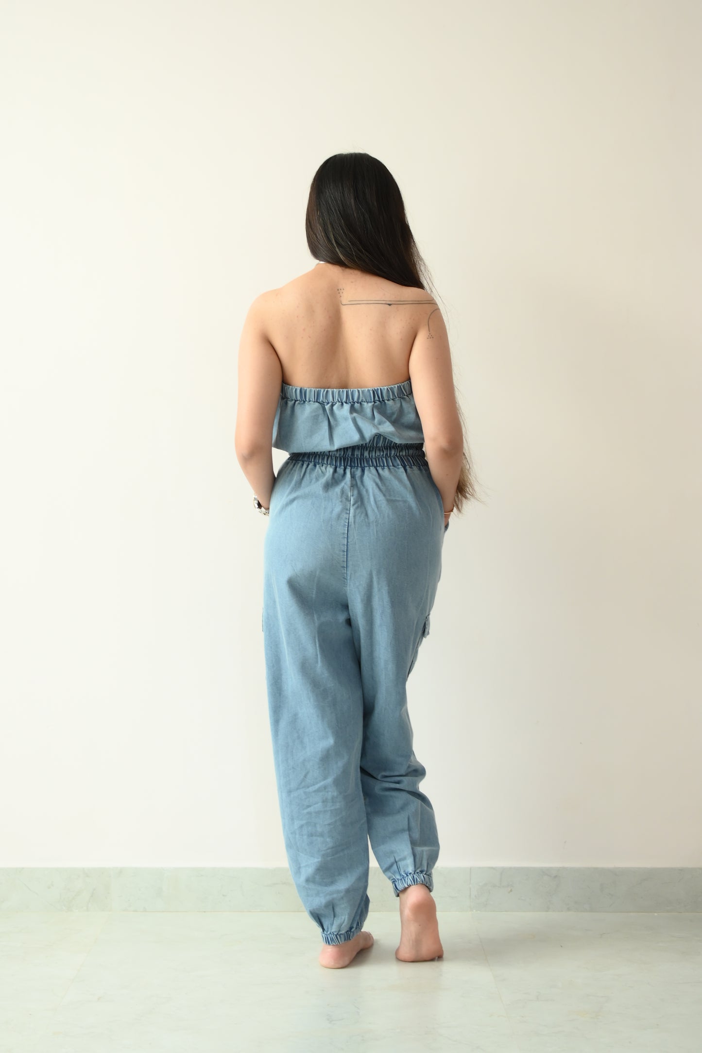 Off shoulder denim jumpsuit