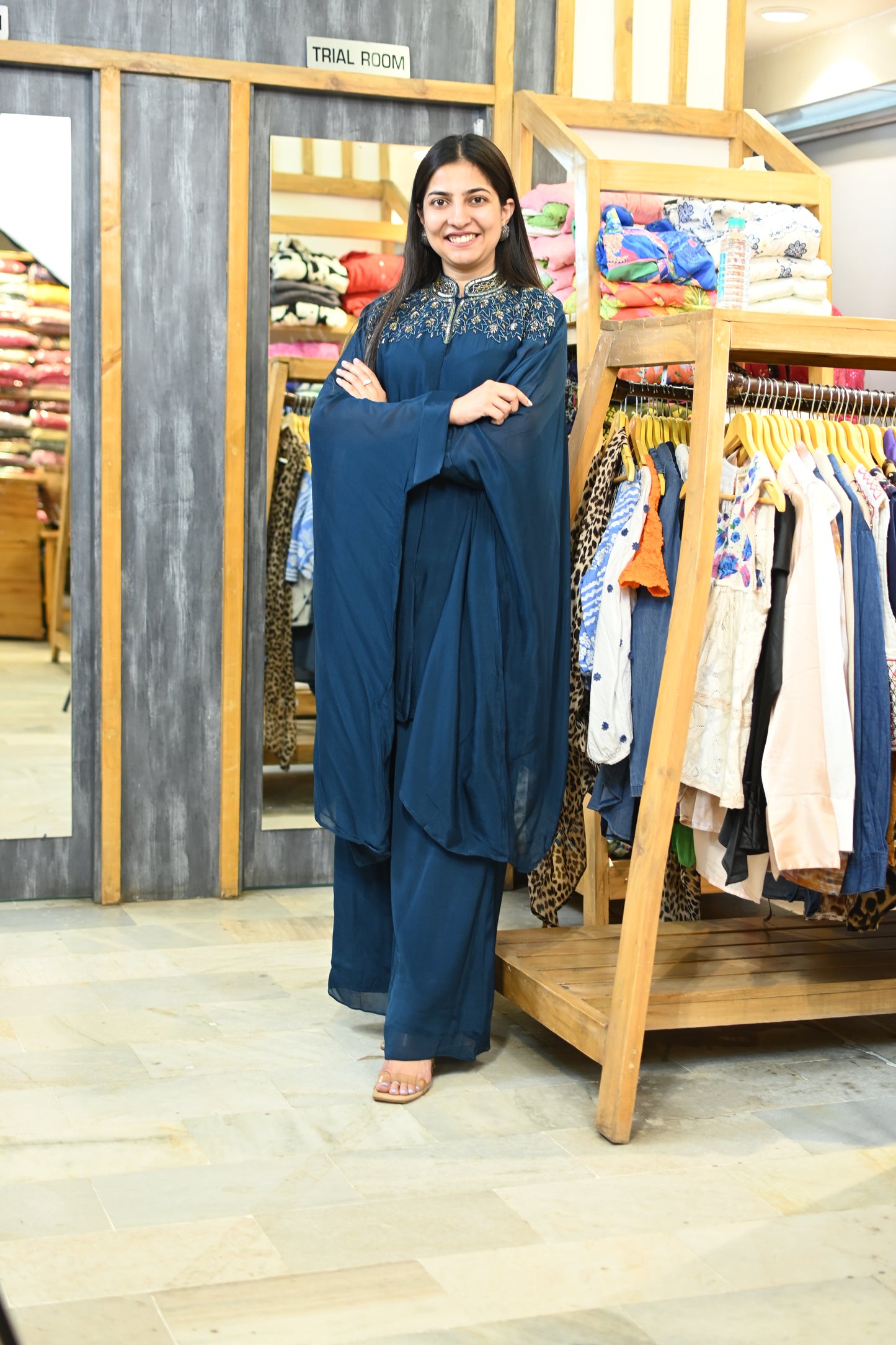 Loose kaftan neck work set - blue