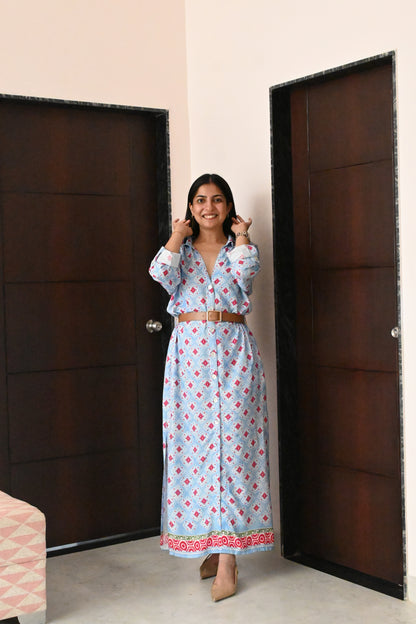 Blue printed belt dress