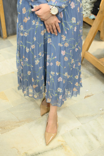 Blue printed flower pleated dress - Yáshicá