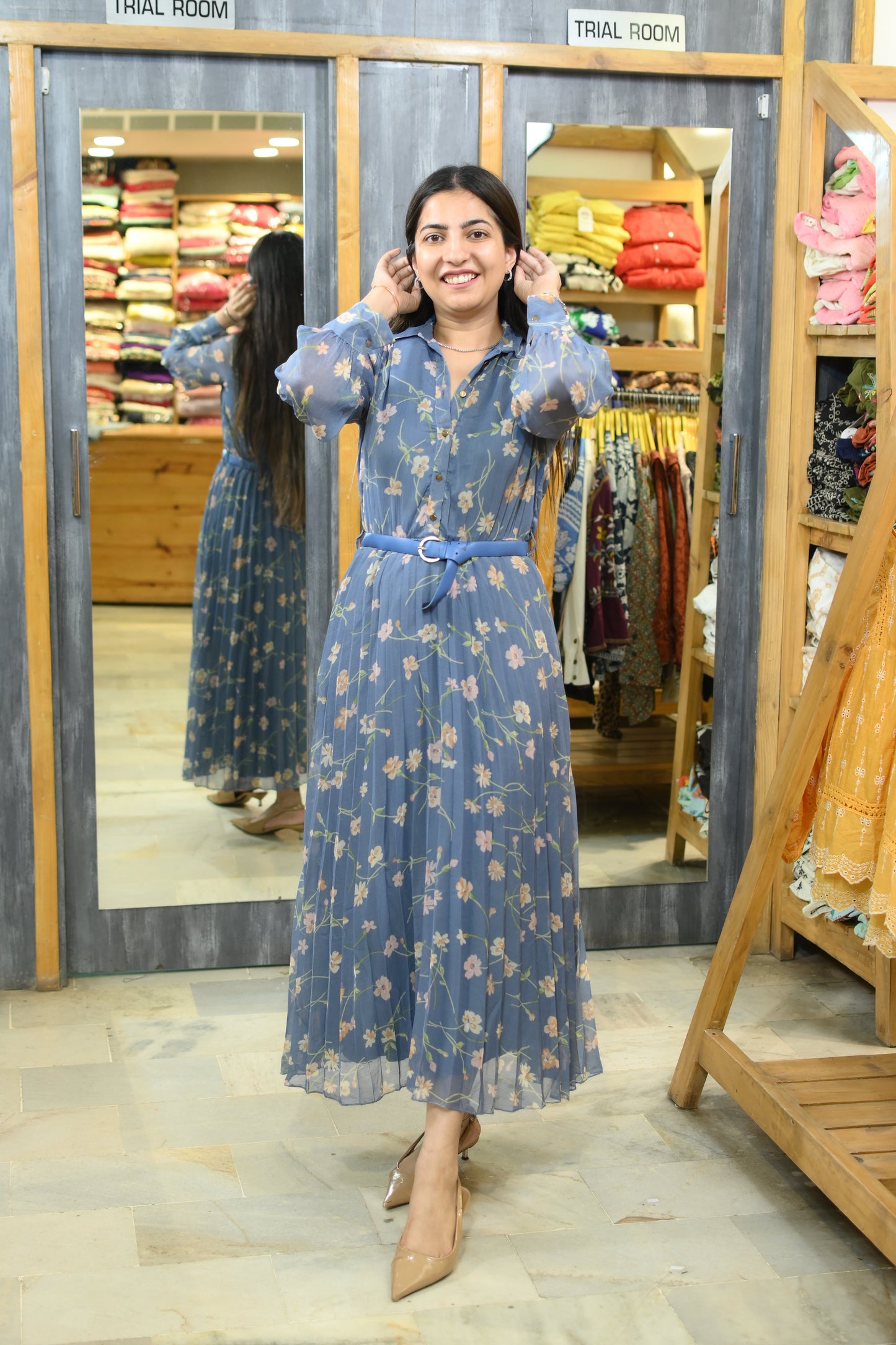 Blue printed flower pleated dress - Yáshicá