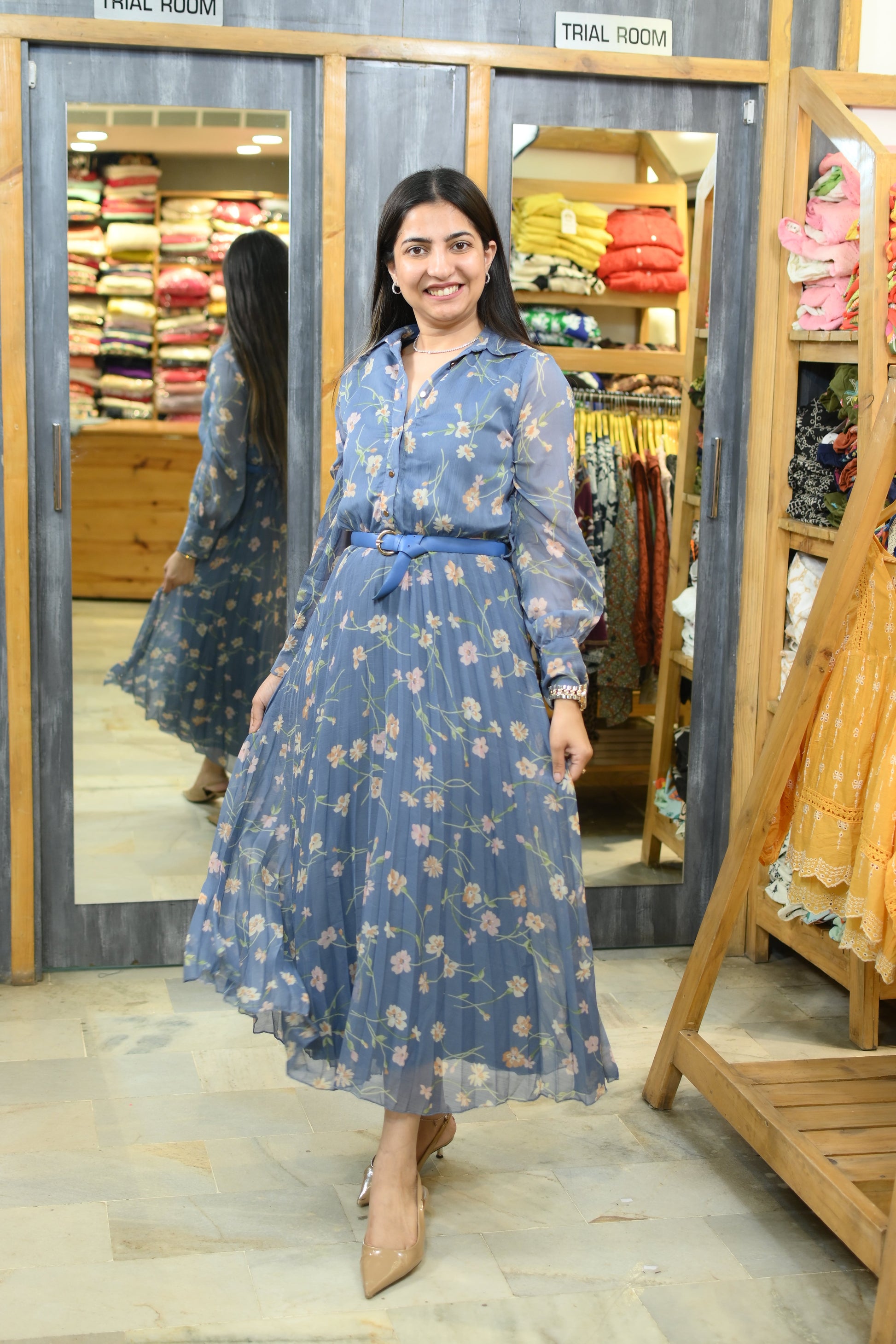 Blue printed flower pleated dress - Yáshicá