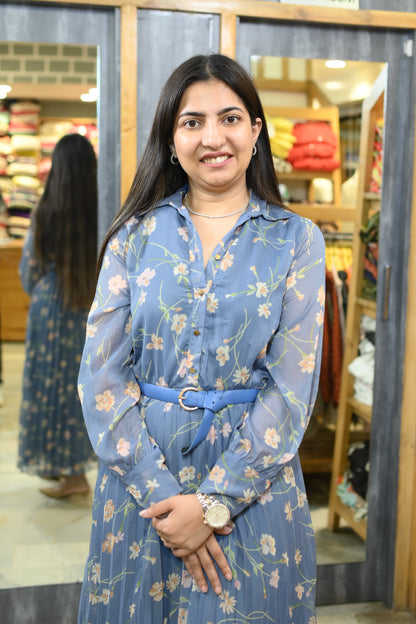 Blue printed flower pleated dress - Yáshicá