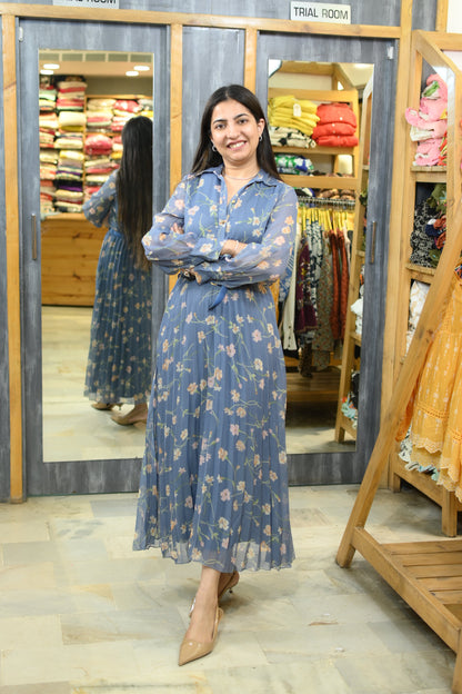 Blue printed flower pleated dress - Yáshicá